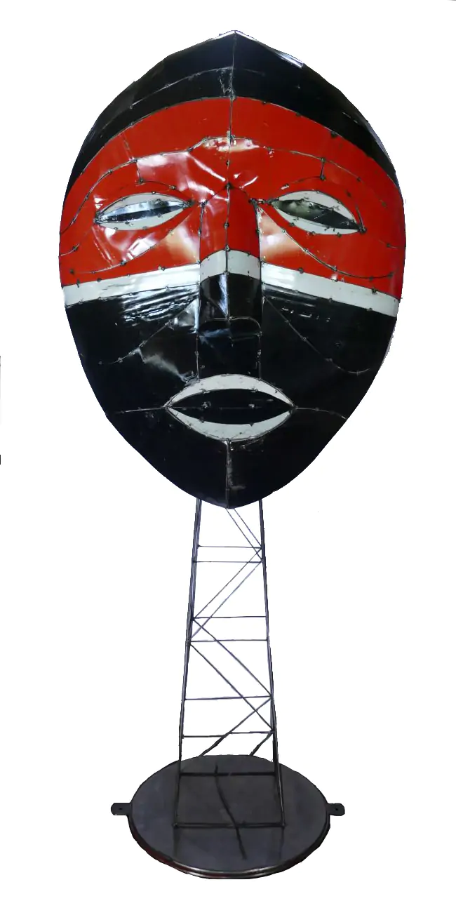  Product image 1 of the product “Large Mask  on Stand  - Modell 3, 220cm height, original color, metal art Mask and stand are seperated. ”